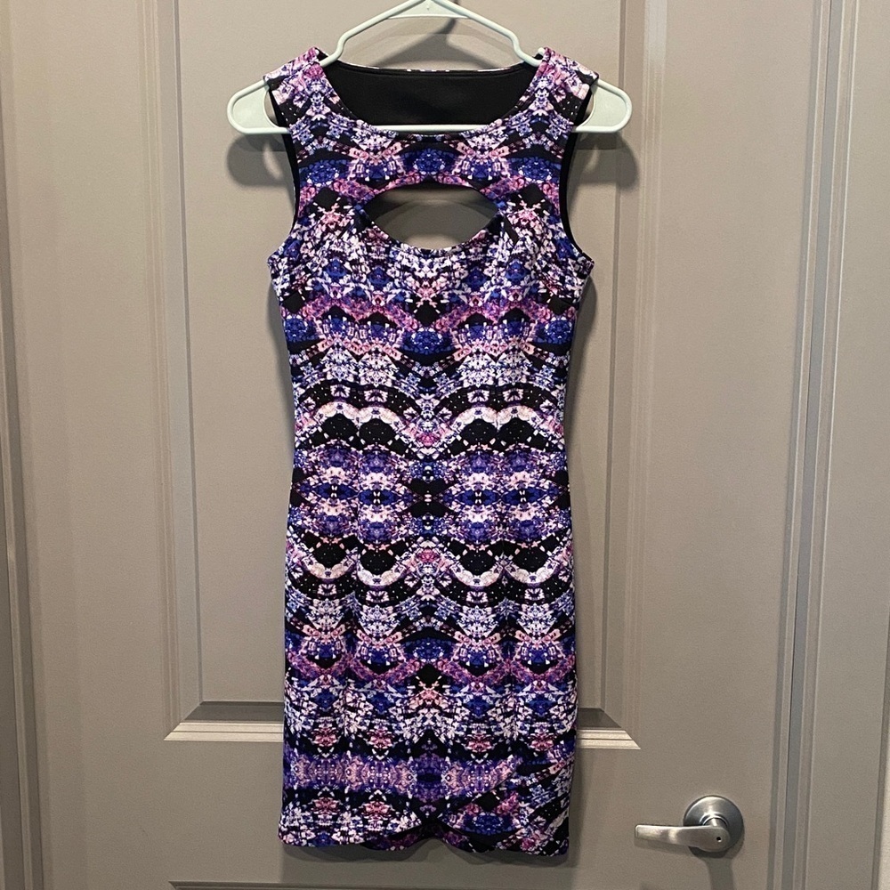 GUESS Y2K Cutout Bodycon Mini Dress Purple Black Clubbing Party Dress 0